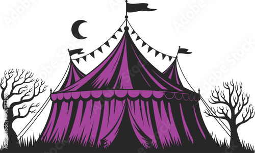 Mysterious, black and white circus tent silhouette illustration at night, with crescent moon, haunted trees, dark fantasy carnival atmosphere background