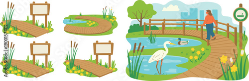 Nature park wooden boardwalk illustration, wetland landscape with birds, walking woman, eco trail, pond, flat design vector artwork