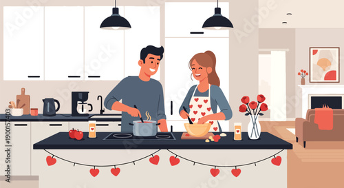 Romantic couple cooking together in kitchen with heart decorations and warm lights, showing love, partnership, and cozy Valentine lifestyle at home in modern flat vector style