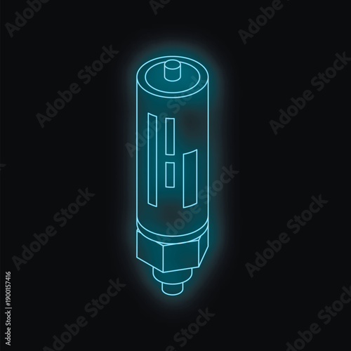 Neon battery glowing on dark background, symbolizing sustainable energy, power supply, and technological advancement