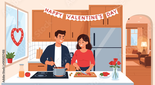 Romantic couple cooking together in kitchen with heart decorations and warm lights, showing love, partnership, and cozy Valentine lifestyle at home in modern flat vector style