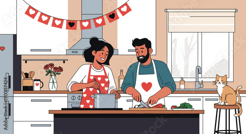 Romantic couple cooking together in kitchen with heart decorations and warm lights, showing love, partnership, and cozy Valentine lifestyle at home in modern flat vector style