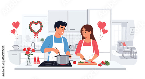Romantic couple cooking together in kitchen with heart decorations and warm lights, showing love, partnership, and cozy Valentine lifestyle at home in modern flat vector style
