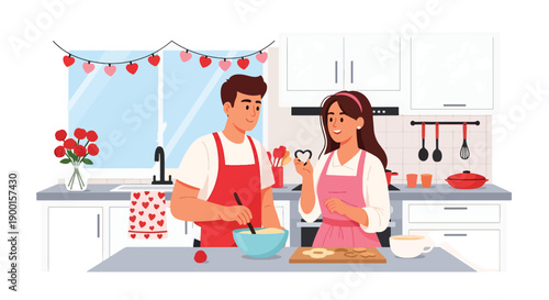 Romantic couple cooking together in kitchen with heart decorations and warm lights, showing love, partnership, and cozy Valentine lifestyle at home in modern flat vector style