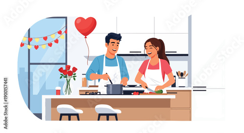 Romantic couple cooking together in kitchen with heart decorations and warm lights, showing love, partnership, and cozy Valentine lifestyle at home in modern flat vector style