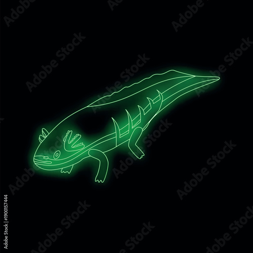 Green neon light shaping an axolotl walking in the dark