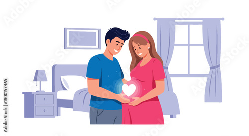 Pregnant couple touching baby bump with heart glow, showing parenthood love, emotional bonding, and tender Valentine family moment in modern flat vector style