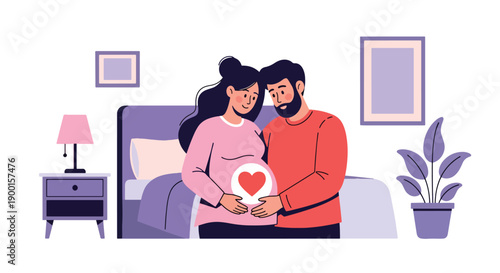 Pregnant couple touching baby bump with heart glow, showing parenthood love, emotional bonding, and tender Valentine family moment in modern flat vector style