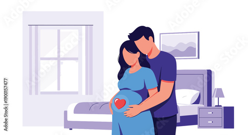 Pregnant couple touching baby bump with heart glow, showing parenthood love, emotional bonding, and tender Valentine family moment in modern flat vector style