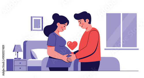 Pregnant couple touching baby bump with heart glow, showing parenthood love, emotional bonding, and tender Valentine family moment in modern flat vector style