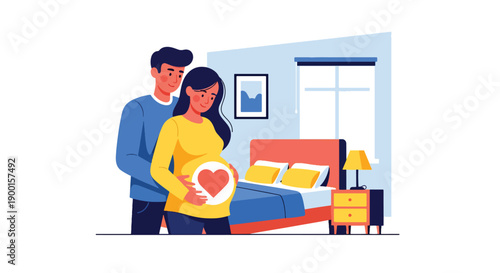 Pregnant couple touching baby bump with heart glow, showing parenthood love, emotional bonding, and tender Valentine family moment in modern flat vector style