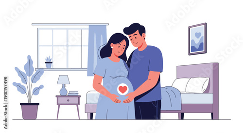 Pregnant couple touching baby bump with heart glow, showing parenthood love, emotional bonding, and tender Valentine family moment in modern flat vector style