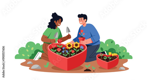 Couple planting flowers together in garden with heart pots, showing growing love, nurturing relationship, and meaningful Valentine bonding moment