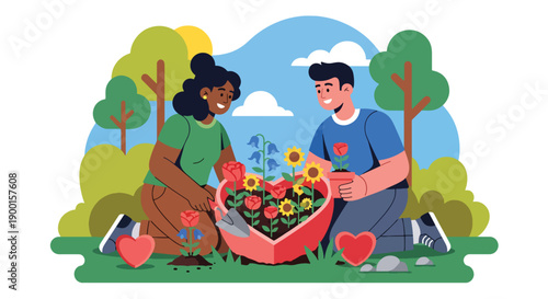 Couple planting flowers together in garden with heart pots, showing growing love, nurturing relationship, and meaningful Valentine bonding moment