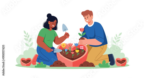 Couple planting flowers together in garden with heart pots, showing growing love, nurturing relationship, and meaningful Valentine bonding moment
