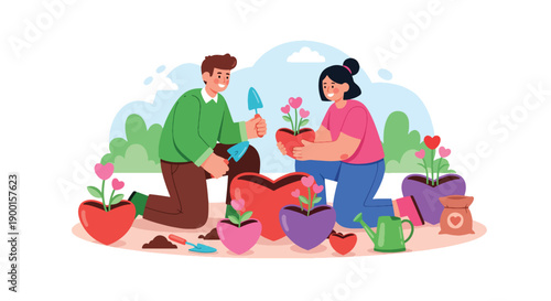 Couple planting flowers together in garden with heart pots, showing growing love, nurturing relationship, and meaningful Valentine bonding moment