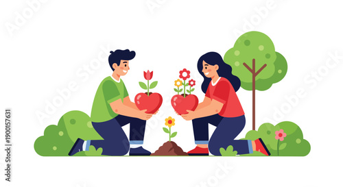 Couple planting flowers together in garden with heart pots, showing growing love, nurturing relationship, and meaningful Valentine bonding moment