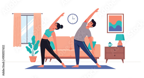 Couple doing yoga together in living room with heart decor, showing balance, emotional connection, and healthy Valentine lifestyle filled with love and harmony