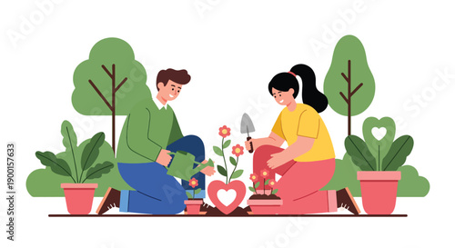 Couple planting flowers together in garden with heart pots, showing growing love, nurturing relationship, and meaningful Valentine bonding moment