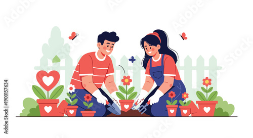 Couple planting flowers together in garden with heart pots, showing growing love, nurturing relationship, and meaningful Valentine bonding moment