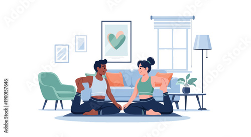 Couple doing yoga together in living room with heart decor, showing balance, emotional connection, and healthy Valentine lifestyle filled with love and harmony