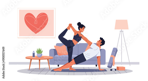 Couple doing yoga together in living room with heart decor, showing balance, emotional connection, and healthy Valentine lifestyle filled with love and harmony