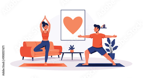 Couple doing yoga together in living room with heart decor, showing balance, emotional connection, and healthy Valentine lifestyle filled with love and harmony