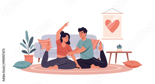 Couple doing yoga together in living room with heart decor, showing balance, emotional connection, and healthy Valentine lifestyle filled with love and harmony