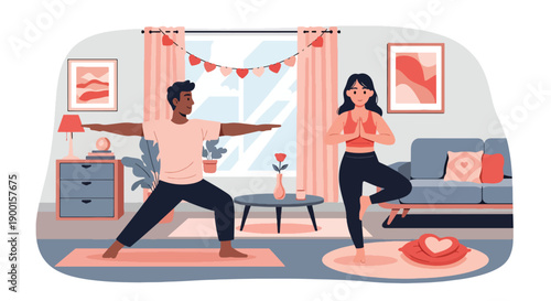 Couple doing yoga together in living room with heart decor, showing balance, emotional connection, and healthy Valentine lifestyle filled with love and harmony