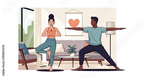 Couple doing yoga together in living room with heart decor, showing balance, emotional connection, and healthy Valentine lifestyle filled with love and harmony