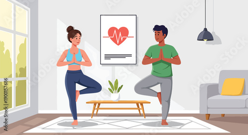 Couple doing yoga together in living room with heart decor, showing balance, emotional connection, and healthy Valentine lifestyle filled with love and harmony