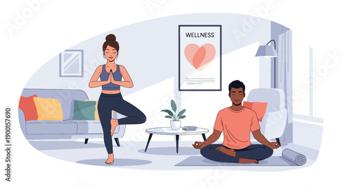 Couple doing yoga together in living room with heart decor, showing balance, emotional connection, and healthy Valentine lifestyle filled with love and harmony