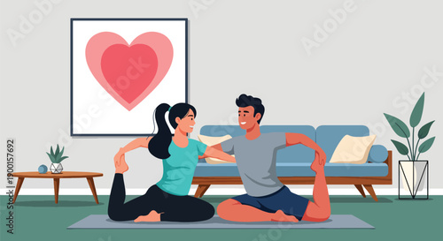 Couple doing yoga together in living room with heart decor, showing balance, emotional connection, and healthy Valentine lifestyle filled with love and harmony