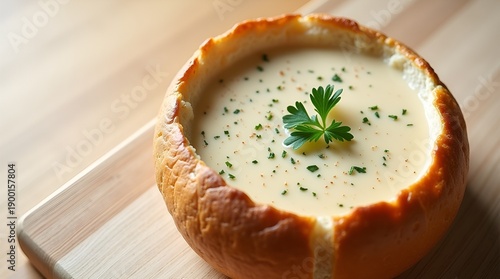 Clam Chowder in Bread Bowl with Parsley Garnish Overhead Shot
