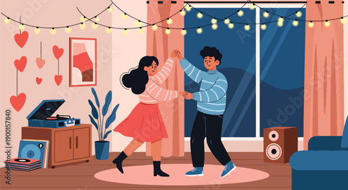 Couple dancing in cozy living room with heart lights and music, showing joyful connection, intimacy, and fun Valentine celebration at home