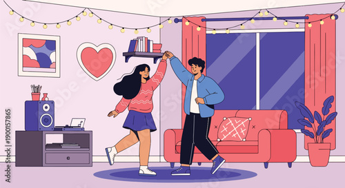 Couple dancing in cozy living room with heart lights and music, showing joyful connection, intimacy, and fun Valentine celebration at home