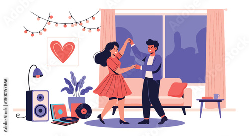 Couple dancing in cozy living room with heart lights and music, showing joyful connection, intimacy, and fun Valentine celebration at home