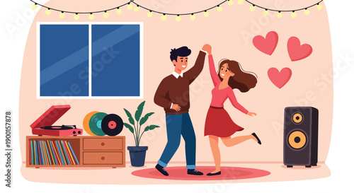 Couple dancing in cozy living room with heart lights and music, showing joyful connection, intimacy, and fun Valentine celebration at home