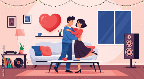 Couple dancing in cozy living room with heart lights and music, showing joyful connection, intimacy, and fun Valentine celebration at home