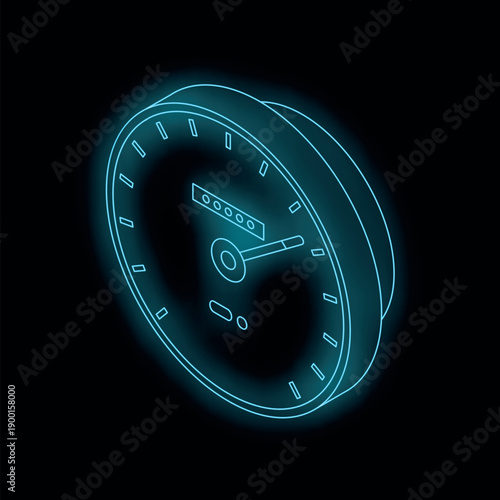 Futuristic speedometer with glowing neon effect indicating speed and progress on a dark background
