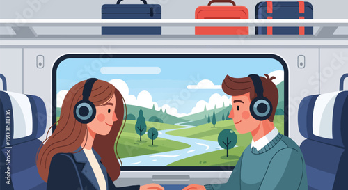 Couple sharing headphones in train compartment with countryside view, showing travel romance, emotional bonding, and peaceful Valentine journey together