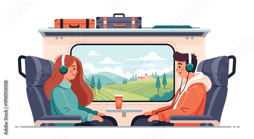 Couple sharing headphones in train compartment with countryside view, showing travel romance, emotional bonding, and peaceful Valentine journey together