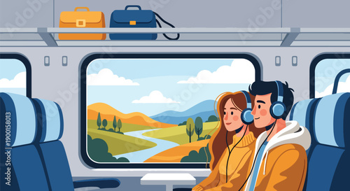Couple sharing headphones in train compartment with countryside view, showing travel romance, emotional bonding, and peaceful Valentine journey together