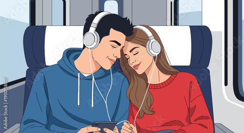 Couple sharing headphones in train compartment with countryside view, showing travel romance, emotional bonding, and peaceful Valentine journey together