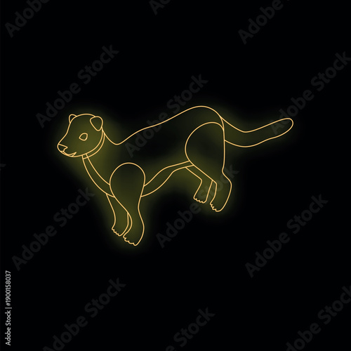 Neon light contour drawing a ferret walking on black background, perfect for animal themes or decoration