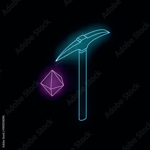 Neon mining pickaxe extracting purple gemstone crystal on black background, concept of mining and virtual earnings