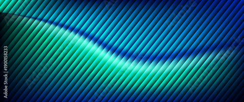 Futuristic neon texture with vibrant shades of blue green gradients and bright smooth fluted vertical lines. Bold dynamic design blending smooth tones and radiant colors for modern visual art project
