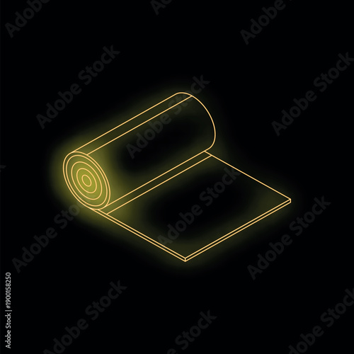 Isometric projection of rolled material glowing with yellow neon light on black background