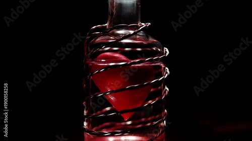 A glass bottle with a red heart inside wrapped in metal wire on a dark background