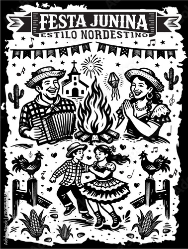 Nordestine Festa Junina Woodcut Illustration with Traditional Brazilian Folk Celebration